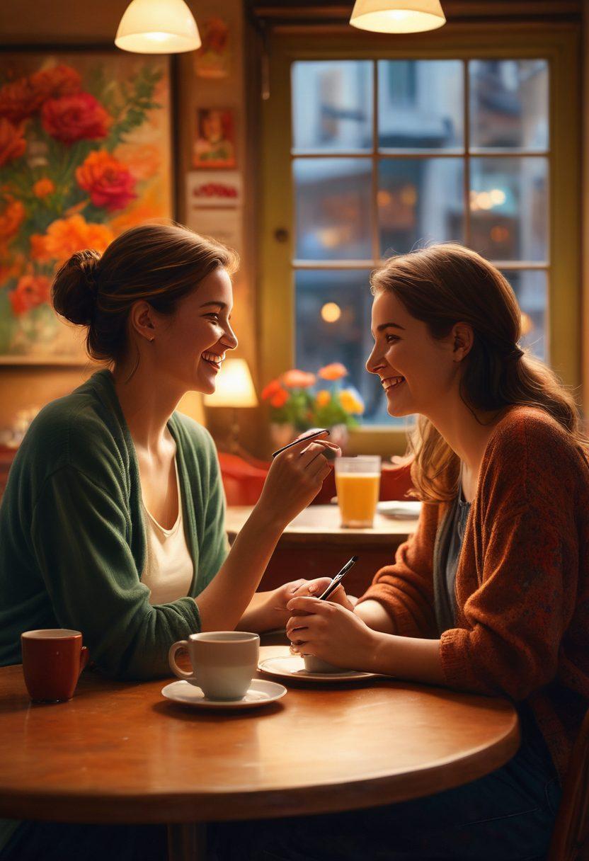 A warm, intimate scene depicting a couple in a cozy café, sharing a genuine laughter while holding hands, surrounded by soft, ambient lighting and rich colors. Incorporate elements of art supplies like paintbrushes and canvases on a nearby table, symbolizing creativity in love. Infuse the atmosphere with vibrant flowers and heart motifs subtly in the background. super-realistic. warm colors. soft focus.