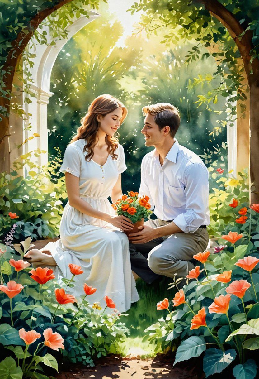 A serene garden setting with a couple planting flowers together, symbolizing growth and nurturing in their relationship. Soft sunlight filters through lush trees, casting a warm glow on their joyous expressions. Various heart-shaped plants bloom around them, representing love and devotion. A gentle breeze rustles the leaves, creating a peaceful atmosphere. watercolor painting. warm tones. romantic vibe.