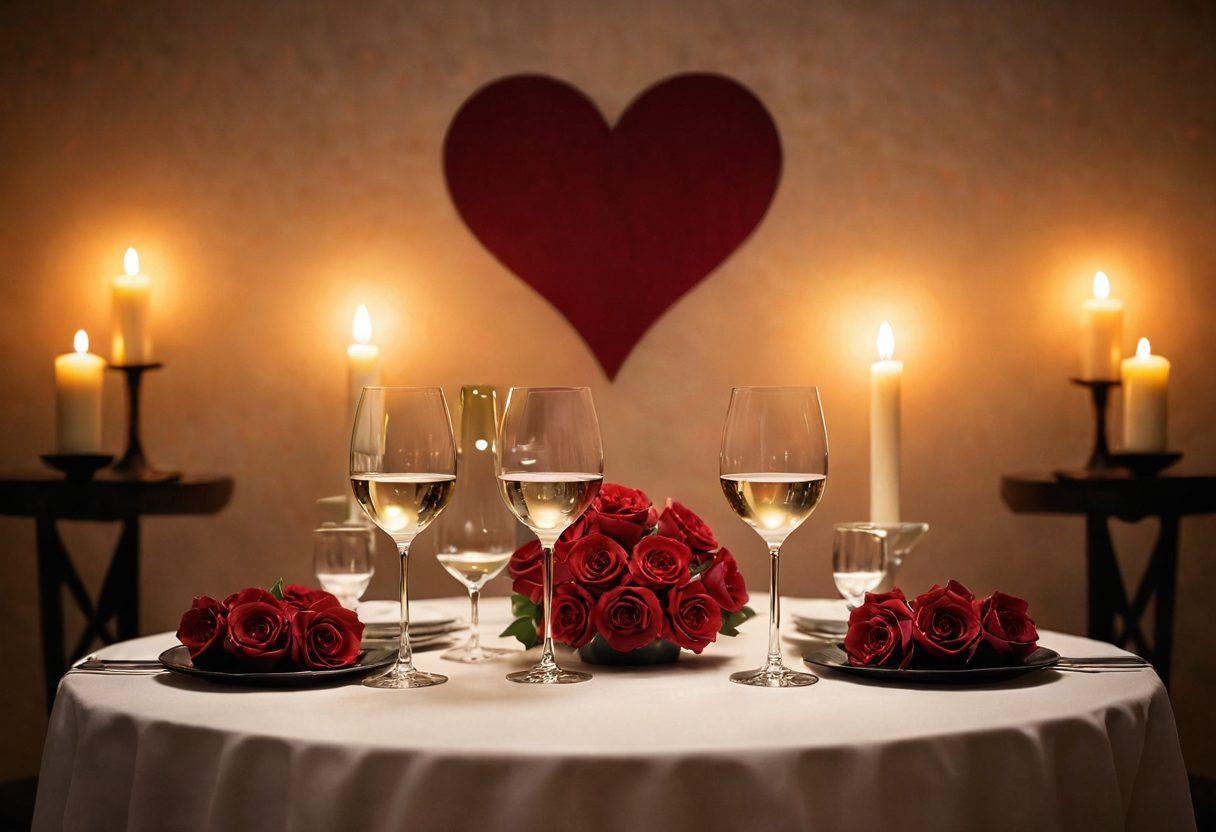 A romantic candlelit dinner setting with two wine glasses, soft glowing candles, and a table adorned with roses, showcasing two silhouettes leaning towards each other for an intimate conversation. Surrounding them are vibrant heart-shaped decorations in the background, symbolizing love and connection. The atmosphere is warm and inviting, evoking feelings of closeness and romance. super-realistic. warm tones. soft focus.